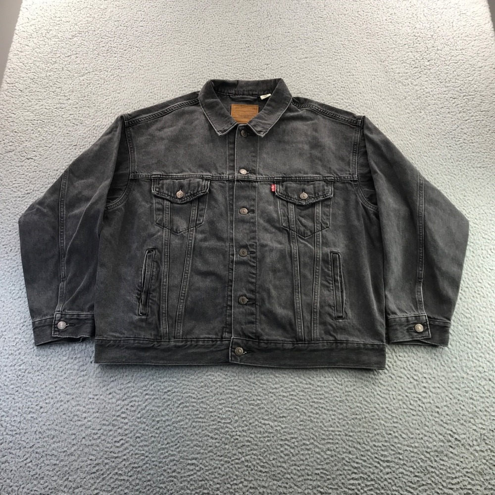 Levis Jacket Men Large Washed Black Trucker Big E Premium Denim Boxy Relaxed Fit